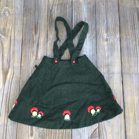 RARE Girls Vintage Austrian Green Wool Jumper Skirt Mushrooms Hungarian Refugees